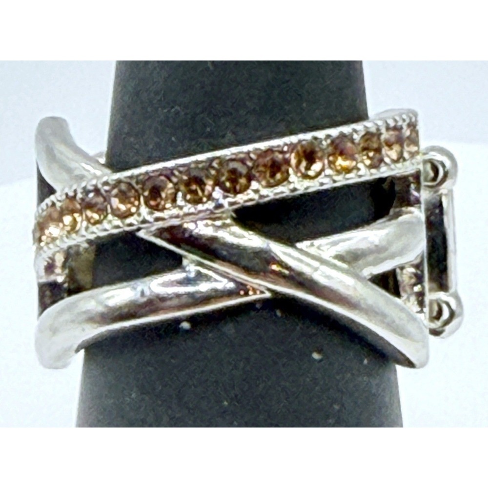 Silver‎ Tone Criss Cross Ring Citrine Tone Stones Adjustable Stretch 6-7